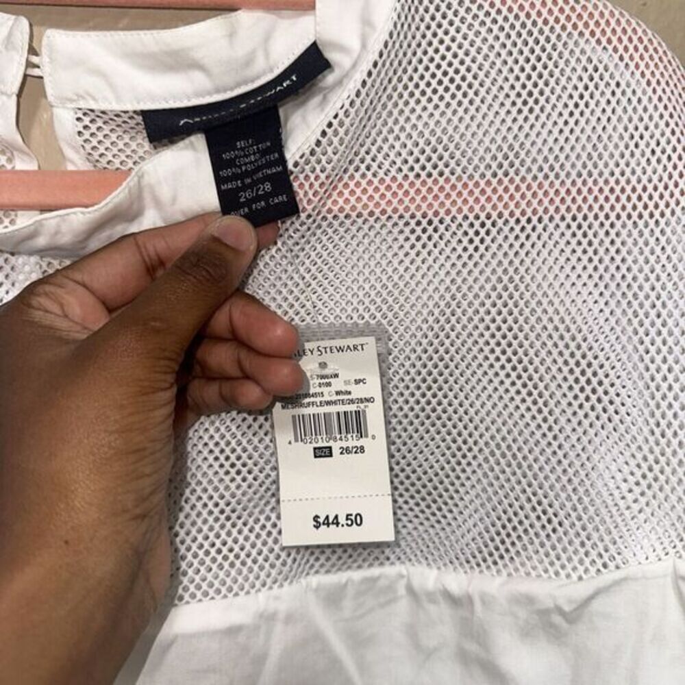 Ashley Stewart White Mesh Ruffle Trim Top Plus Size‎ 26/28 NWT - Picture 2 of 7